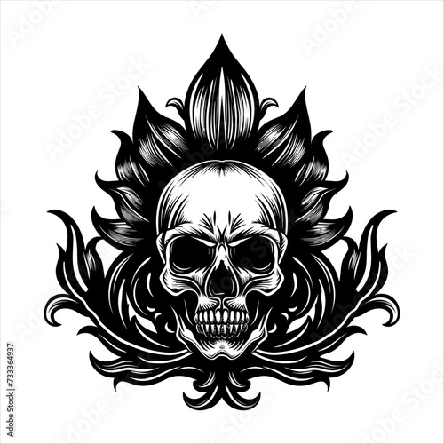 Skull head with flower vector illustration, generative ai, on a white background.