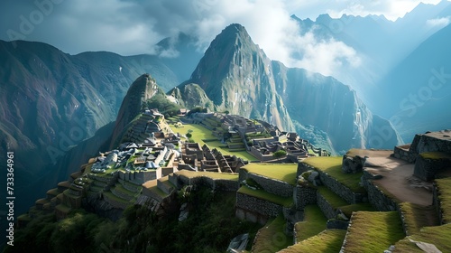Tela Majestic machu picchu under morning light, surrounded by andean mountains