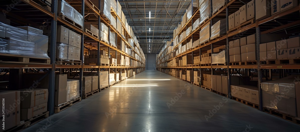 Spacious warehouse interior, shelves stacked with boxes, logistic center concept, empty aisles, industrial storage, business distribution space. AI