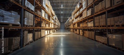 Spacious warehouse interior, shelves stacked with boxes, logistic center concept, empty aisles, industrial storage, business distribution space. AI © Irina Ukrainets