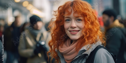 A woman with vibrant red hair smiles as she poses for the camera. This versatile image can be used for various purposes