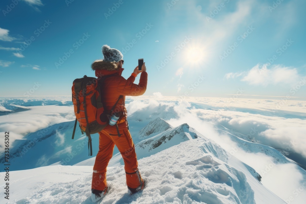A man captures the beauty of the sun on top of a mountain. Ideal for travel and adventure concepts