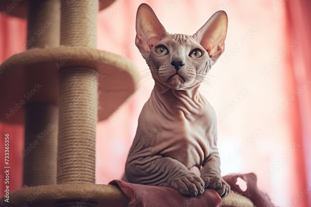 A cat is sitting on top of a cat tree. Perfect for pet owners or animal lovers.