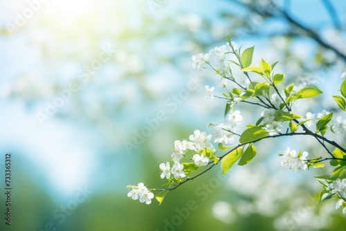 A tree branch with white flowers against a clear blue sky. Ideal for nature, spring, or outdoor-themed designs © Fotograf
