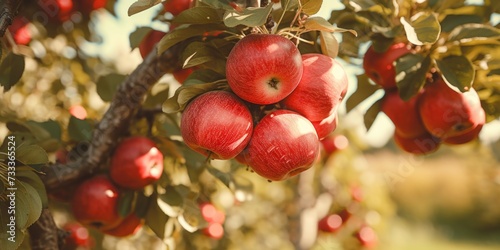A picture of a bunch of red apples hanging from a tree. Can be used for food, nature, or agriculture-related projects
