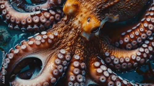 Close-up shot of an octopus in its natural habitat, showcasing its unique features. Perfect for educational materials or marine life articles © Fotograf