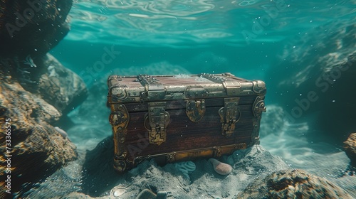 Closed treasure pirate chest on sea bottom underwater wallpaper background  © Irina