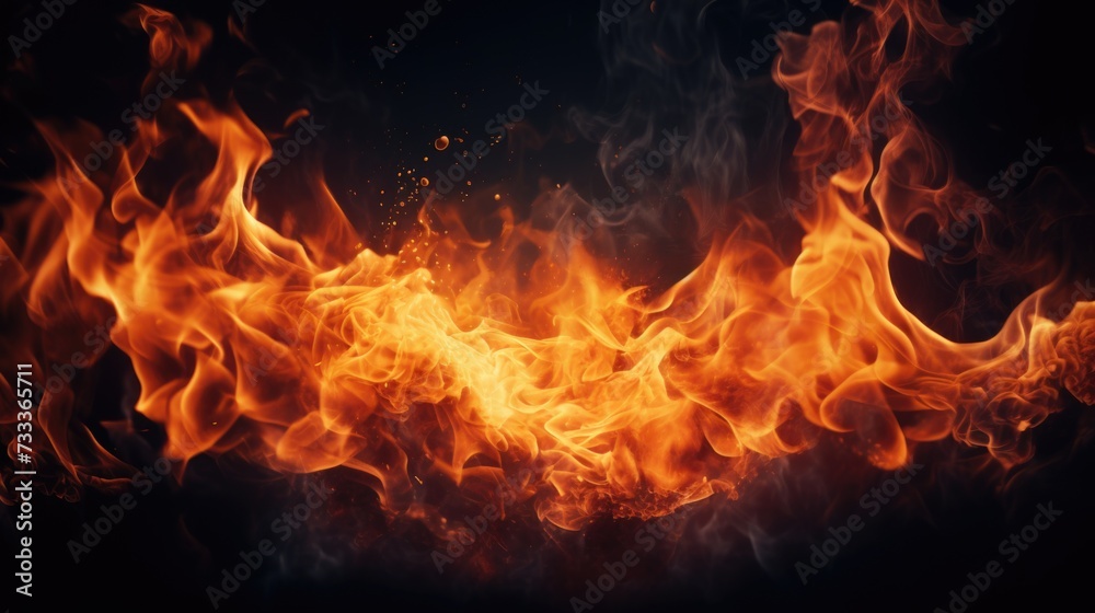 Close-up view of a fire burning on a black background. Can be used to represent concepts such as heat, energy, danger, or destruction