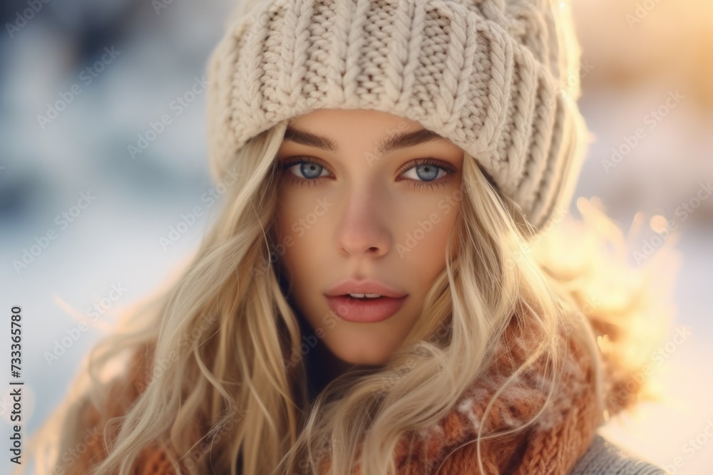 A woman wearing a knit hat and scarf. Can be used for winter fashion or outdoor activities