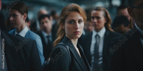 A woman standing in front of a group of people. Suitable for business presentations or team meetings © Fotograf