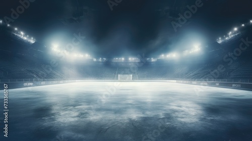 An empty ice hockey rink illuminated by spotlights. Suitable for sports-related designs or articles