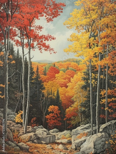 Autumn in the forest: A drawing showcasing the transitional colors of a variety of trees photo