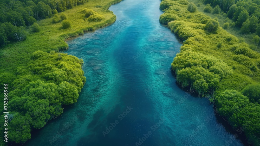Rzeka płynąca przez bujny zielony las - obrazy, fototapety, plakaty 