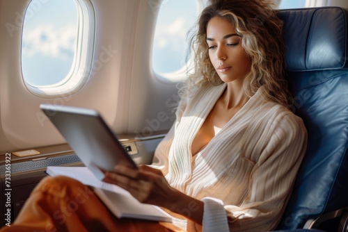 A stylish woman in casual clothing sits contentedly in an airplane, her face illuminated by the glow of her laptop as she engrosses herself in the digital world, the window beside her providing a gli photo