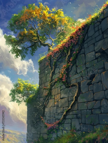 Nature meets history: A flowering vine climbs an ancient wall in this illustration photo