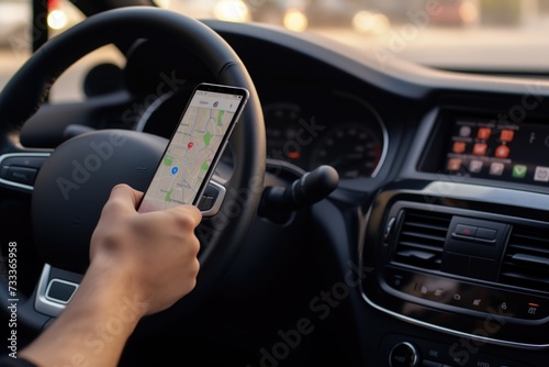A person using a cell phone while driving a car. Suitable for illustrating the dangers of distracted driving