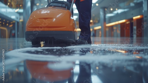 A man using a machine to clean the floor. Suitable for cleaning and maintenance concepts