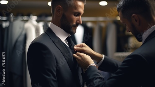 A man helping another man to adjust his tie in a suit shop. Perfect for illustrating the act of getting ready for a formal event or a professional setting photo