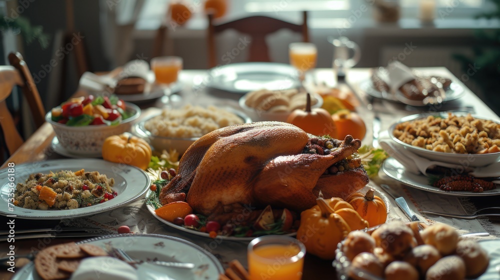 A table full of delicious Thanksgiving food accompanied by a refreshing glass of orange juice. Perfect for Thanksgiving celebrations and food-related content