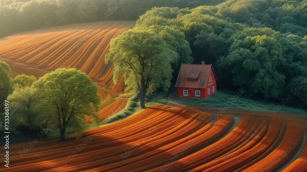 Widok z lotu ptaka na czerwony mały dom otoczony drzewami i zadbanym pomarańczowym polem - obrazy, fototapety, plakaty 