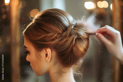 A woman's eyes flutter closed as she sits patiently, her hair carefully sculpted into a elegant bun, while delicate eyelashes frame her serene face in the bustling beauty salon photo