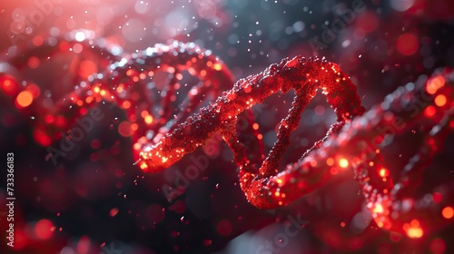 Close-up of a vivid red DNA strand with a sparkling bokeh background, depicting medical and scientific research.
