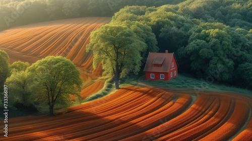 Widok z lotu ptaka na czerwony mały dom otoczony drzewami i zadbanym pomarańczowym polem