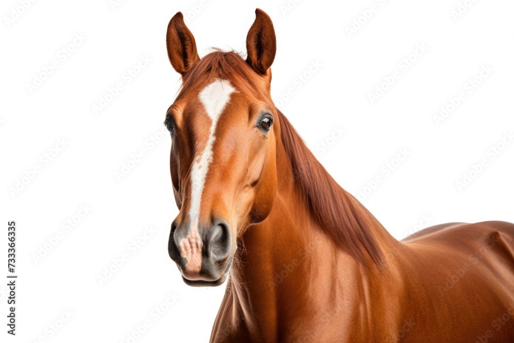Fototapeta premium A brown horse with a distinctive white stripe on its face. This image can be used to represent farm animals or equestrian activities