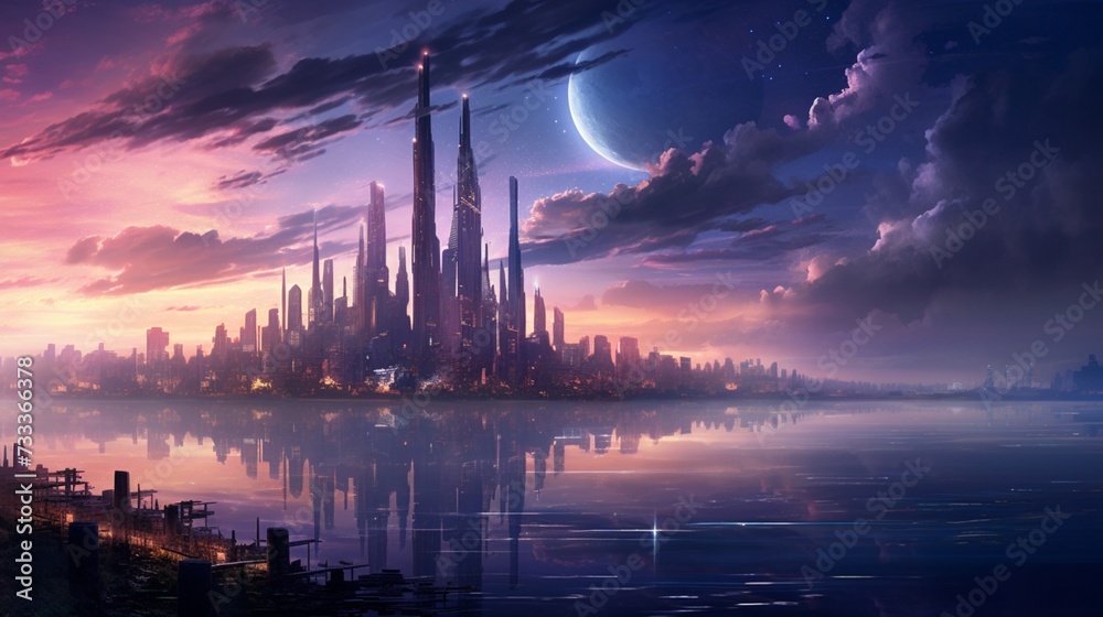A futuristic city skyline at twilight, lights and colors creating a dazzling and blurred display.