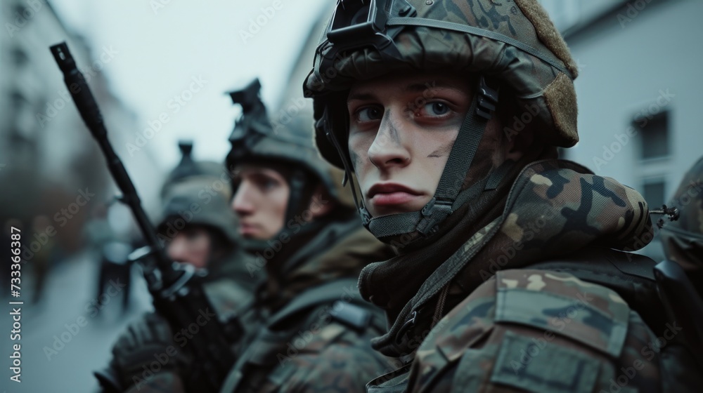 A group of soldiers standing in formation. Ideal for military or teamwork concepts A group of soldiers standing in formation. Ideal for military or teamwork concepts