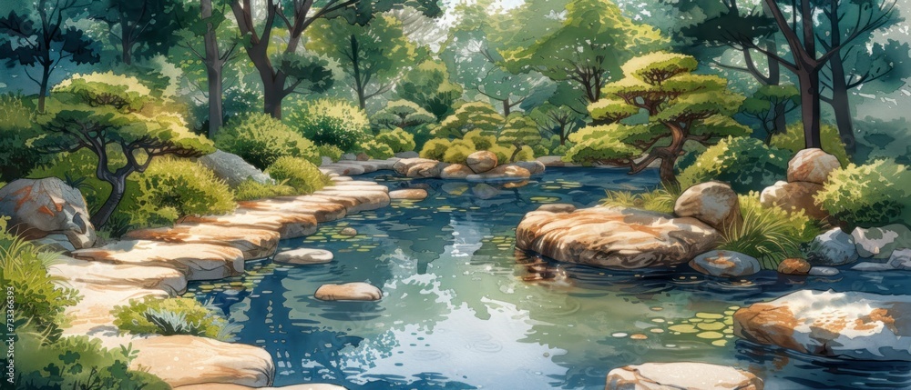 Sketch of a traditional Japanese garden, with a focus on the careful arrangement of plants and water features, invoking tranquility