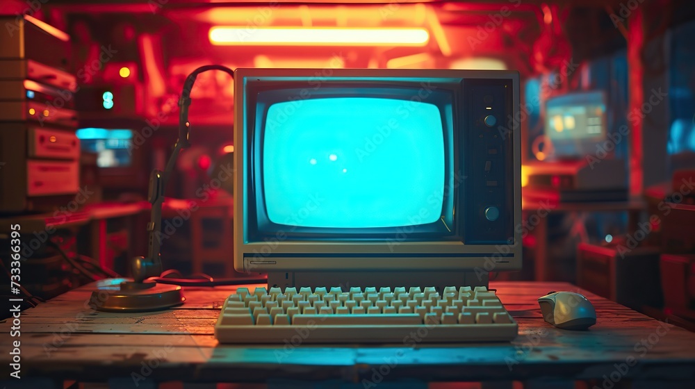 An atmospheric shot of a neon-lit room with a vintage computer setup, including a CRT monitor with a glowing blue screen, a classic keyboard, and an old-style mouse. An atmospheric shot of a neon-lit room with a vintage computer setup, including a CRT monitor with a glowing blue screen, a classic keyboard, and an old-style mouse.