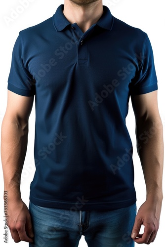 A man wearing a blue polo shirt is posing for a picture. This versatile image can be used for various purposes