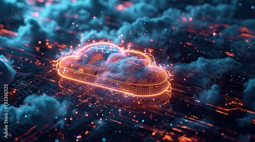 A visual metaphor for cloud computing, with neon-lit cloud nodes floating above a complex digital mainframe, representing network and data infrastructure.