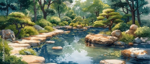 Sketch of a traditional Japanese garden, with a focus on the careful arrangement of plants and water features, invoking tranquility photo