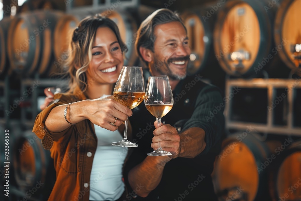 A couple shares a joyful toast with glasses of wine, basking in the warmth of the winery's rustic charm