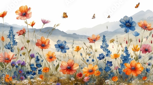 Garden vibrancy captured in watercolor: Flowers in bloom with bees and butterflies