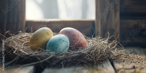 Three eggs are placed in a nest on a wooden table. This image can be used to depict concepts related to nature, spring, new beginnings, and Easter decorations photo