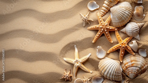 Sand beach banner with seashell starfish sealife wallpaper background  © Irina