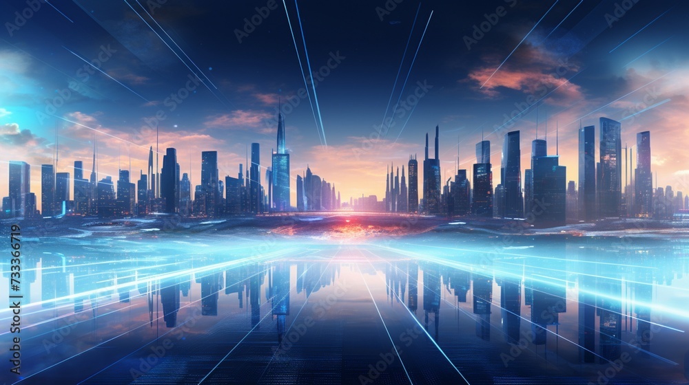 A futuristic city skyline, lights and buildings creating an ethereal blurred panorama.