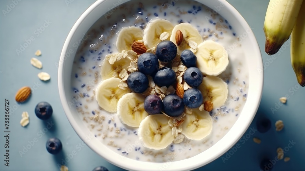 A bowl of oatmeal topped with fresh bananas and blueberries. Perfect for a healthy breakfast or snack