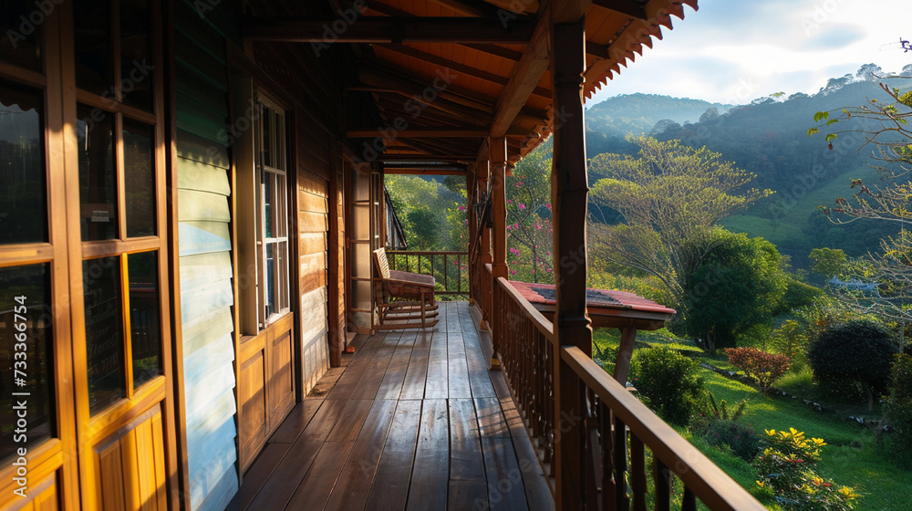 Small house with wooden column porch. View from walkway Small house with wooden column porch. View from walkway