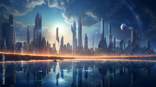 A futuristic city skyline with sleek  reflective skyscrapers reaching towards the heavens.