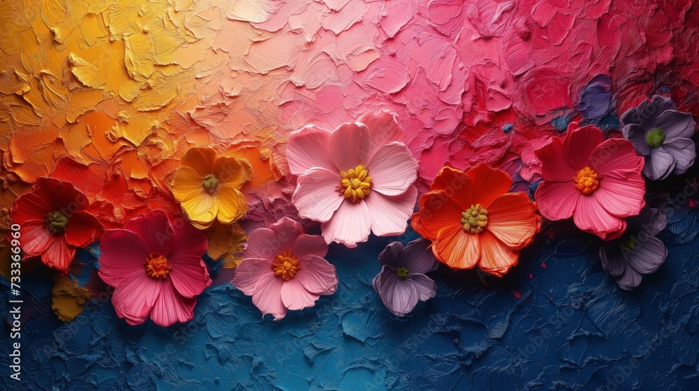 Obraz kolorowych kwiatów na dwukolorowym tle. Tekstura grubo nałożonej farby. - obrazy, fototapety, plakaty 