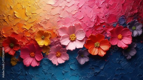  Obraz kolorowych kwiatów na dwukolorowym tle. Tekstura grubo nałożonej farby.