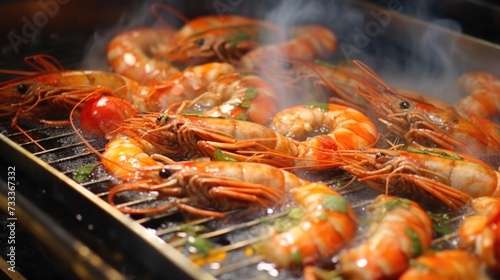 A delicious assortment of shrimp being cooked on a grill. Perfect for summer barbecues and seafood enthusiasts