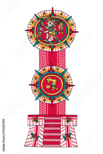 Tonatiuh, Aztec sun god, known as Nahui Ollin, The Fifth Sun, depicted in the center of a solar disc. Below him a second sun disc with his sign ce xochitl, One Flower, as depicted in Codex vaticanus.