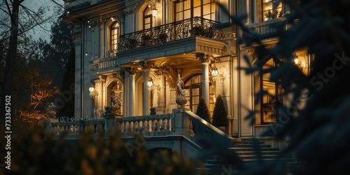 A picture of a large white house with a staircase leading up to it. This image can be used to depict elegance, grandeur, or as a symbol of home ownership