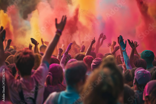 Crowd celebrating with vibrant color powder at festival Holi, summer party or music festival © colnihko