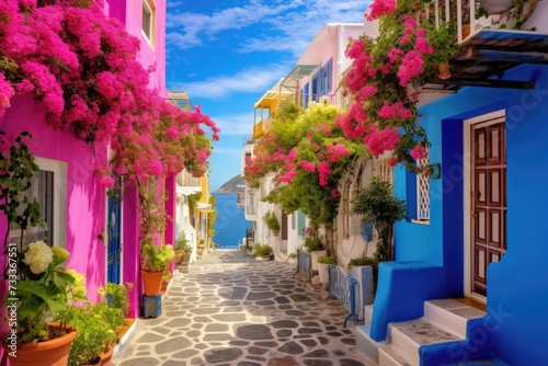 Colorful european cozy old street with colorful buildings and flowers